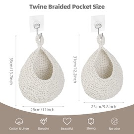 Hanging Fruit Basket, 2 PCS Hanging Wall Basket Teardrop Hanging Baskets, Hand Woven Wall Mounted Vegetable and Fruit Basket, Plant Woven Storage Basket for Kitchen Decoration, Living Room,Porch