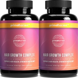 Primal Harvest Hair Growth Vitamins, 2 Pack - 120 Pills, Natural Hair Regrowth, Thickening, and Supplement for Men & Women with Biotin & Zinc