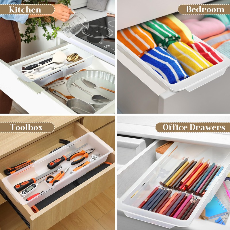 Gulfmew 1 Pack Deep Drawer Organizer Bins, Adjustable Sliding Drawer