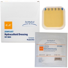 ZeniPlast (4" x 4") Hydrocolloid Dressing, Sterile Adhesive Patches, Waterproof Wound Dressing, Extended Wear, 10/Box
