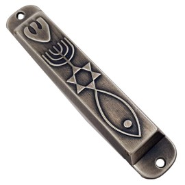 TALISMAN4U Pewter Messianic Mezuzah Case with Scroll for Door 3D Menorah Messianic Seal 10 cm / 4 Inch