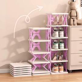 XDMTWLKJ 6 Tier Kids Shoe Rack Organizer for Entryway, Small Shoe Rack for Front Door Entrance, Pink Narrow Shoe Rack for Closet (Pink, 6 Tier)
