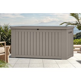 GOOBED 230-Gallon Extra-Large Outdoor Storage Box, Weather-Resistant Resin Deck Box with Lockable Lid for Patio Cushions, Garden Tools, Sports Gear & Pool Equipment, Versatile Bench or Table (Taupe)