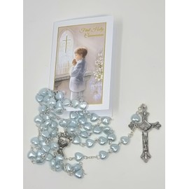 celebrationgiftsforall First Holy Communion Boys Pearl Blue Heart Rosary in a Plastic Case with a How to Pray The Rosary and Mysteries Recital Details/Prayer Gift Set for him