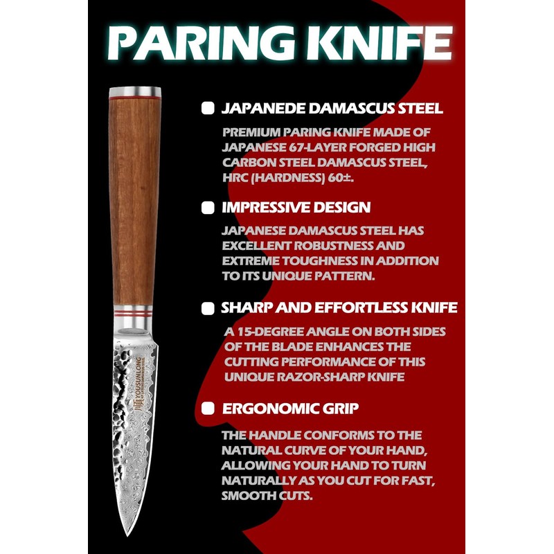 YOUSUNLONG Paring Knives 3.5 Inch - Japanese Hammered Damascus Steel