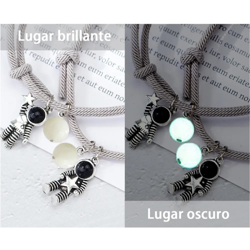 Set 2 Pulseras Para Parejas Imán Astronauta Brilla Oscuridad Color