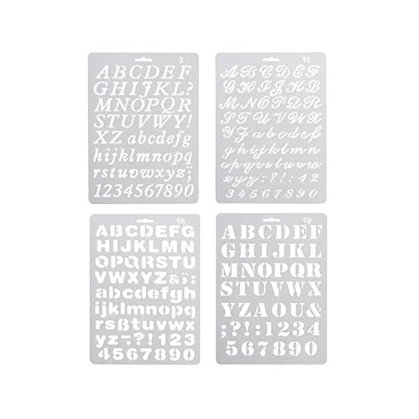 Alphabet Painting 4 PCS Assorted Styles Plastic Number and Letter Artistic Drafting Drawing Templates Stencil Set for DIY Craft Journal Photo Album Scrapbook Schedule Book Diary Art Projects