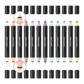 Molotow Sketcher Twin Marker Pastel Kit (Brush Tip & 3 mm Chisel Tip, Colour-Intensive Aqua Pro Ink, Quick-Drying, for Use on Paper) 12 Pastel Pens