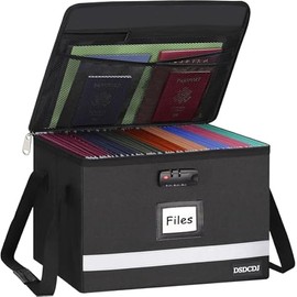 File Box with Lock - Portable File Box with Handle, Sturdy Important Document Organizer with Label, Slide, Reflective Strip for Hanging Letter/Legal Folder