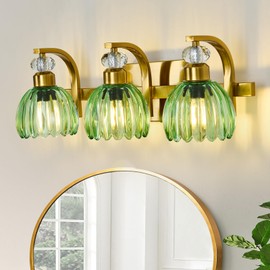 Qgiytp Vintage Bathroom Vanity Light Fixture 3 Lights Gold Bathroom Lighting with Green Glass Shade Mid Century Vanity Light Over Mirror for Kitchen Bedroom Living Room Farmhouse