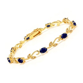 Gem Stone King 18K Yellow Gold Plated Silver 5.08 Ct Oval Sapphire Diamond Greek Vine 7 Inch Women's Tennis Bracelet