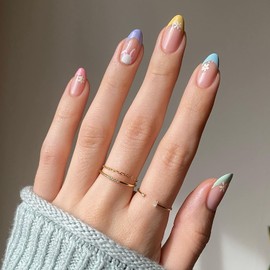 Easter Press on Nails Medium Stiletto Colorful French Tip Fake Nails Full Cover False Nails with Bunny and Flower Designs Cute Glossy Acrylic Nails Artificial Nails for Women Girls 24 Pcs