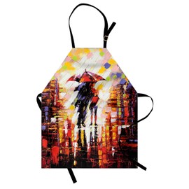 Ambesonne Fine Art Apron, Surrealistic Style Painting of Couple Under Umbrealla Print, Unisex Kitchen Bib with Adjustable Neck for Cooking Gardening, Adult Size, Multicolor