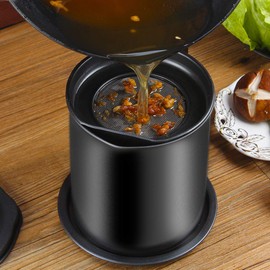 Cambom Bacon Grease Container with Fine Mesh Strainer, 1.3 L almost 6 Full Cups Iron Cooking Oil Can with Removable a Coaster Tray for Kitchen Fat Storage Black