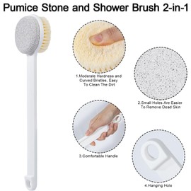 Beomeen Pumice Stone and Shower Brush with Long Handle, Hard Skin Callus Remover, 2 in 1 Foot Scrubber, Back Scrubber for Shower Deep Cleansing and Exfoliation, Dry Brushing Body Brush (Straight)