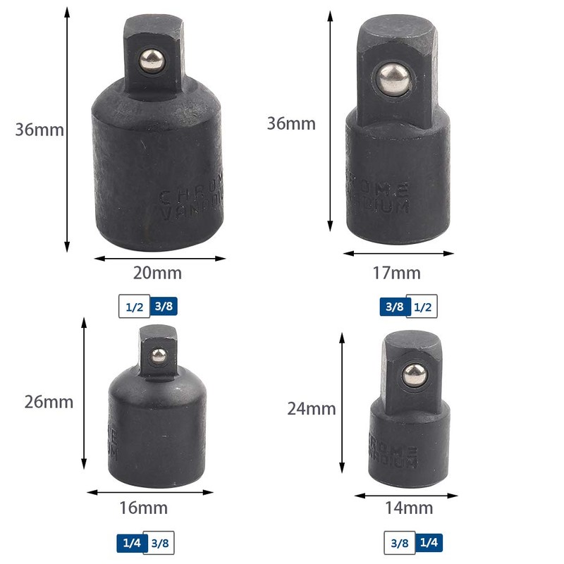 4 Piece Socket Screwdriver Converter Set 1/2 Inch, 3/8 Inch,