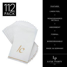 Luxe Party 112 Pack Hebrew Monogram Napkins| Hebrew Letters| Disposable| Premium Airlaid| Linen Feel| Decorative Table Setting| Guest Towel Napkin | ALEF | White and Gold