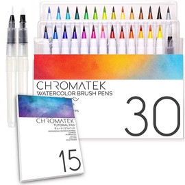 CHROMATEK 30 Watercolor Brush Pens - 15 Page Tutorial Pad and Online Video Series - Real Brush Tip, Vivid, Blendable - Professional Artist Quality - 27 Colors - 3 Aquapens