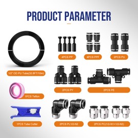 CNZG PNEU 1/2 Air line,1/2 inch OD Air Hose Kit,Airline Tubing Repair Kit Compressor Tube with Push to Connectors Fittings(Black-32.8FT/10M)