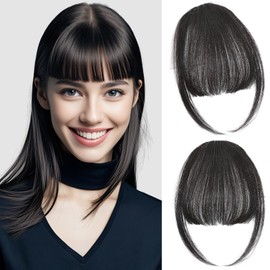 Cesomeey Clip in Bangs 100% Real Human Hair, Wispy Bangs Hair Clip, Hair Bangs Clip in Human Hair, Fake Bangs Fringe with Temples Hairpieces, Clip on Bangs for Women Daily (Black, Wispy Bangs)