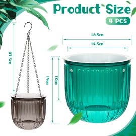 4 Pcs Self Watering Hanging Planter Indoor 6.5 Inch Hanging Baskets for Plants Outdoor Plastic Hanging Flower Pot with 3 Hooks Chains Drainage Holes for Garden Home, Medium Size (Emerald, Gray)