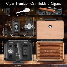 TISFA Cigar Humidor Set Travel Humidor for 5 Cigars Includes 2 Multifunctional Cigar Cutters, Cigar Punch, Cigar Humidifier, Hygrometer, Portable Cedar Wood Lined Cigar Case Cigar Box Gifts (Black)