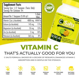 C-Salts Vitamin C Powder Supplement - 100% Pure High Dose Buffered Vitamin C Powder for Immune Support - Organic, Sugar-Free, Vegan, Non-GMO, Stomach-Friendly, Lemon Lime 8oz