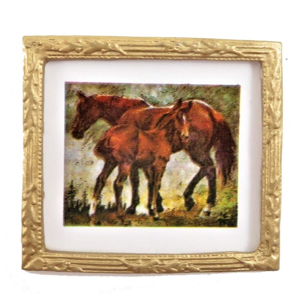 Dollhouse Miniature Accessories Horse & Foal Picture Painting in Gold