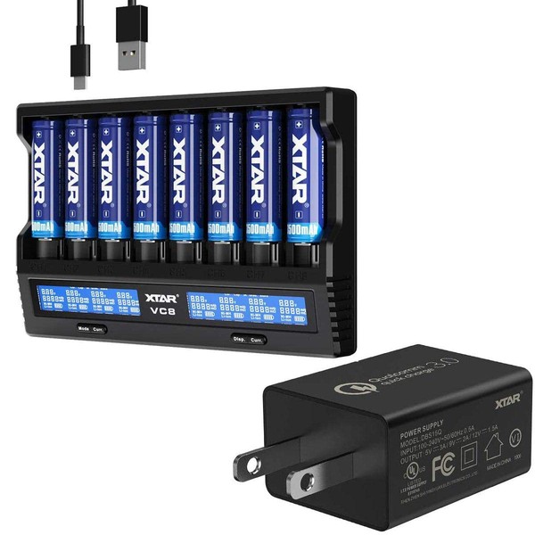 Combo: XTAR VC8 8-Slot Type-C LCD Charger with QC3.0 3Amp Wall Adapter
