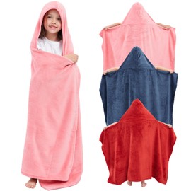 Hiturbo 3Pcs Kids Fleece Hooded Towel: Soft Plush Warm Blanket - 50"x30" Pool Beach Bath Swim Towel Wrap for 3-12 Yrs (Navy+Pink+Red)