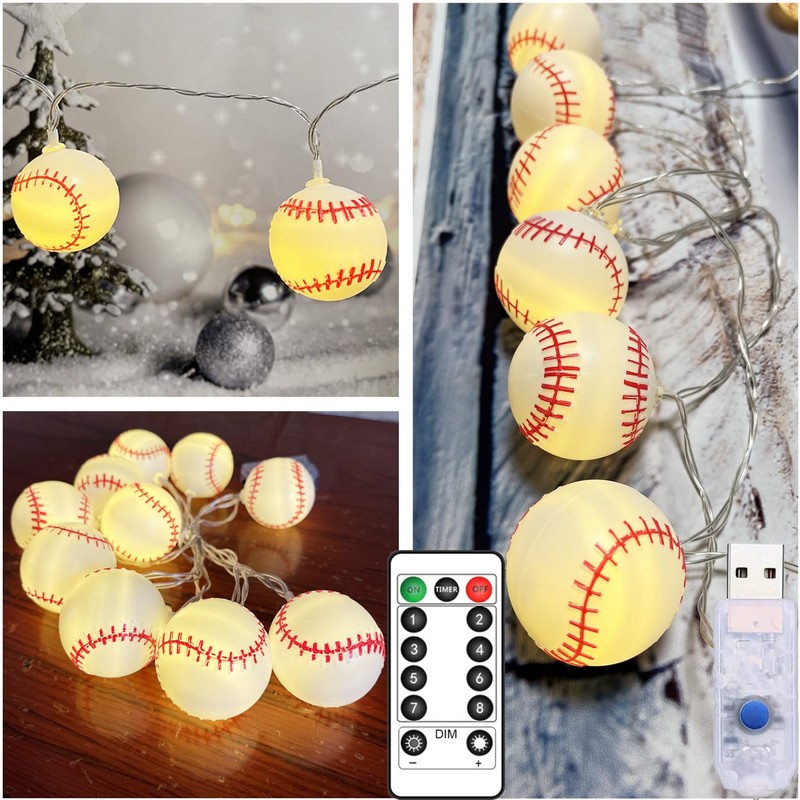 9.8ft Baseball Theme String Lights with Remote,Timer Dimmable Function,USB Powered
