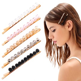CHANZET Crystal Bobby Pins 5pcs, Gold Metal Diamond Hair Pins for Women, Rhinestone Bobby Pins for Hair, Decorative Beaded Hair Clips Pins for Bridal Wedding Hair Styling Accessories