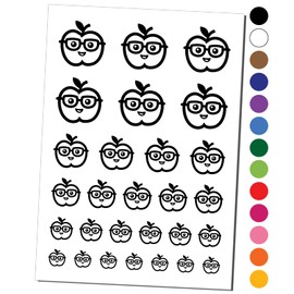 Cute Kawaii Apple Smart with Glasses Temporary Tattoo Water Resistant Fake Body Art Set Collection - Black (One Sheet)