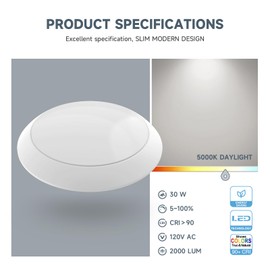 ECOELER 8 Inch Round Flush Mount Ceiling Light LED Disc Light, Round Dimmable Lighting Fixture, 30W 2000Lm, 5000K Day Light, Aluminum Trim Matte White Finish, ETL Listed