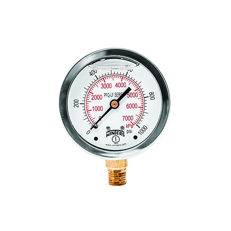 Winters 2-1/2" Dial Size, Liquid Filled Pressure Gauge, Potable Brass