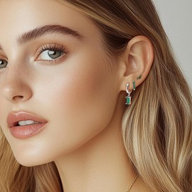 Frigotine Silver Green Dangle Hoop Earrings for Women, Trendy Emerald Rhinestone Gemstone Lightweight Rectangle Dangling Huggie Earing Birthday Prom Jewelry Gift