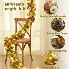 Fall Decorations for Home, 5.9Ft Fall Garland for Mantle, Fall Leaves Garland with Lights, Lifelike Pumpkins Pine Cones & Berries for Home Table Party Outdoor Front Porch Thanksgiving Decor