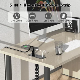 Furniture Drawer Outlet, IPX6 Recessed Power Strip Waterproof | with (3) PD 20W USB Ports Fast Charging & (2) 15 Amp AC Outlets, (16 AWG) 6 FT Black Spring Cord