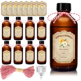 NVioAsport 8 Pack 8 Ounce Amber Glass Bottle with Lids Vanilla Extract Homemade Brown Bottle 8 oz and 8 Pcs Vanilla Extract Stickers for Syrup Gift Glass Food Storage Canister Set Sauce Beans
