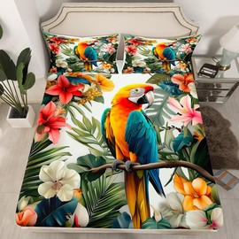 3D Parrot Bedding Set Queen Size Tropical Birds Animal Bed Set for Teens Bedroom Decor Watercolor Blooming Flowers Fitted Sheet Soft Microfiber Nature Palm Leaves Bedspread 3 Pcs,No Flat Sheet