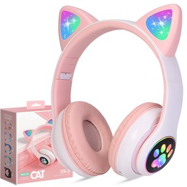 TCJJ - Auriculares Bluetooth 6.0 con orejas de gato para niñas, con luz LED, límite de volumen seguro de 85dB, auriculares plegables inalámbricos con sonido estéreo para niños pequeños y con cable de