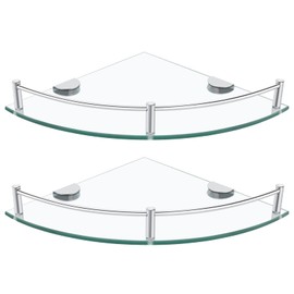 GerayMer Glass Bathroom Shelves - Set of 2 Corner Shelves, Shower and Wall Mount, Floating Glass Shelves for Bathroom, Kitchen, Living Room (Silver)