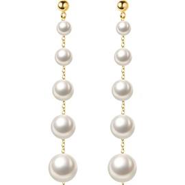 SLUYNZ Sterling Silver Pearl Earrings Dangle for Women Teen Girls Wedding Pearl Dangling Earrings Ball Studs (B-Gold)