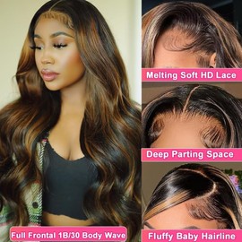 miear Ombre Highlight Lace Front Wigs Human Hair 13x6 Body Wave 1B/30 Lace Front Wig Human Hair 180% Density HD Transparent Lace Frontal Wigs Human Hair Balayage Wig for Black Women 18 inch