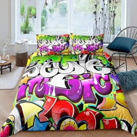 Loussiesd Hippie Graffiti Bed Linen Set 135 x 200 cm Teenager Hip Hop Style Bed Set for Children Boys Youth Graffiti Pattern Duvet Cover Set Breathable Street Culture Theme Bedding