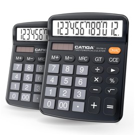 CATIGA Desktop Calculator (2 Pack) 12 Digit with Large LCD Display and Sensitive Button, Solar and Battery Dual Power, Standard Function for Office, Home, School, CD-2786 (2 Black)