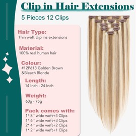Clip in Hair Extensions Real Human Hair Golden Brown mix Bleach Blonde 5 PCS Clip in Human Hair Extensions 18 Inch Real Remy Hair Extentions Seamless Thin Weft Invisible Human Hair Extensions Clip in