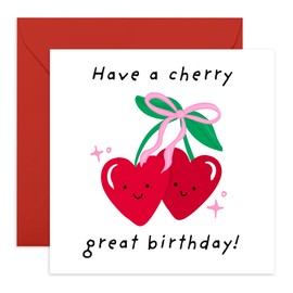 Cherry-Themed Birthday Card - "Have a Cherry Great Birthday!" - Fun and Cute Greeting Card for Friends, Family, Kids, Him or Her - Comes with Fun Stickers