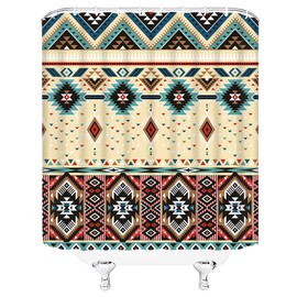 Aztec Shower Curtain Southwestern Native Tribal Navajo American Ethnic Abstract Triangular Boho Geometric Vintage Beige Fabric Bathroom Decor Set with Hooks（70" WX70 H）