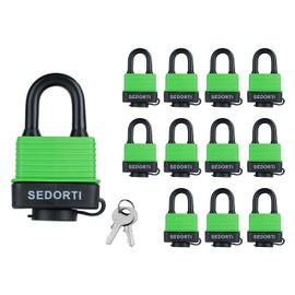 SEDORTI Colored Waterproof Padlocks, Green-Covered Laminated Steel Lock, Same Color with Same Key, Keyed Alike Outdoor Locks, Can Be Used as Lockout Tagout Lock, Pack of 12